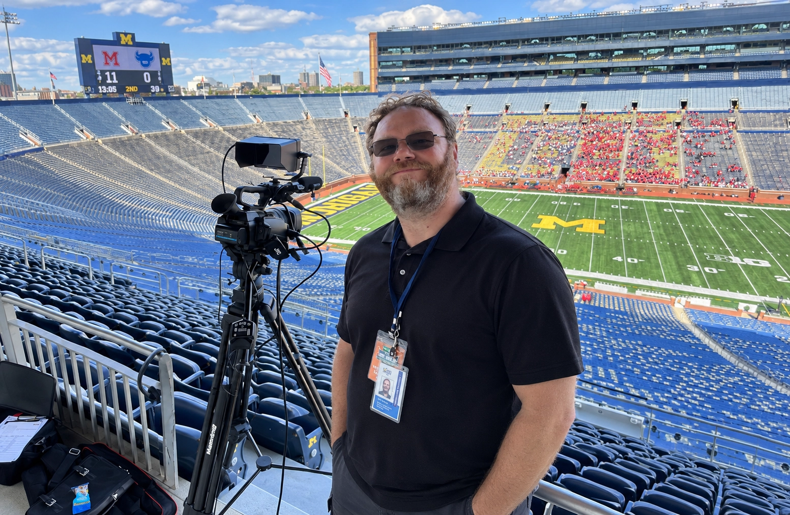 James working on a shoot at Michigan Stadium