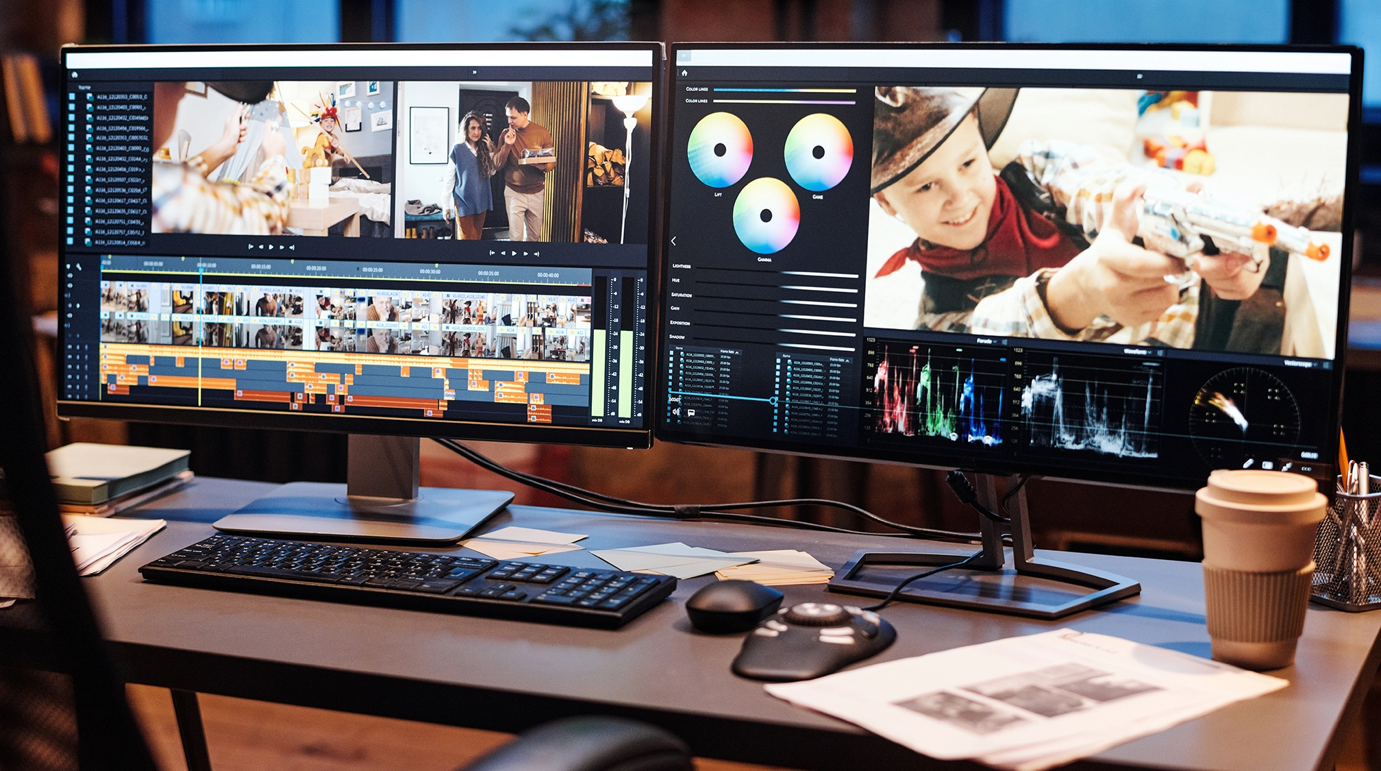 Close view of a video editing workstation