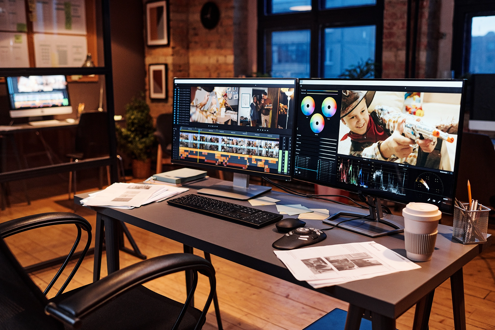 Video editing workspace with dual monitors